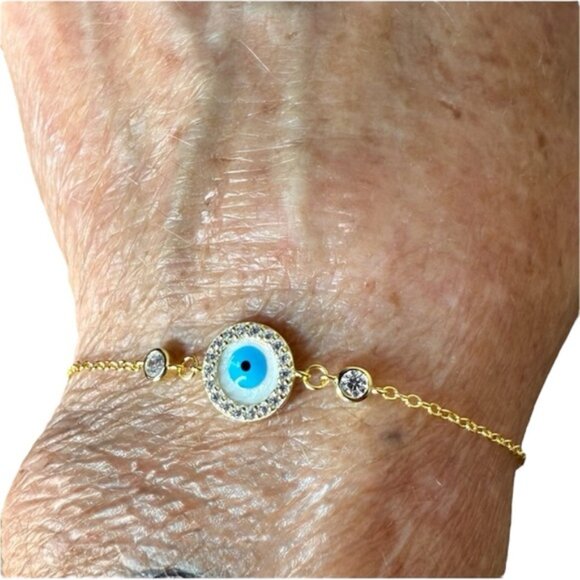 NEO RELIQUE New Gold Toned Sterling Silver Evil Eye Bracelet Rhinestones CZ - Picture 2 of 15